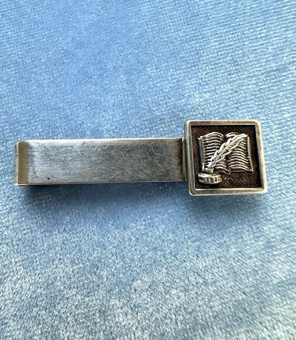 Vintage Sterling Silver Tie Clip Open Book Quill Feather Inkwell Writer Author